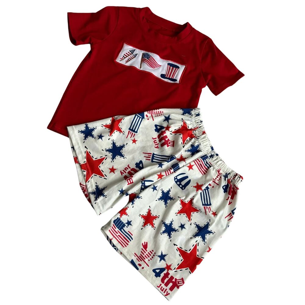 4th of July American Flag Re White Blue Embroidered T-shirt Pants Set 2T